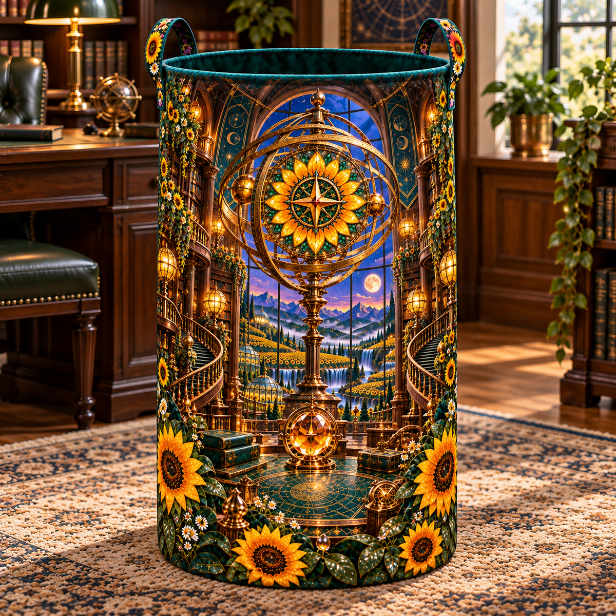 Sunflower Atlas Observatory Laundry Hamper with printed optical 3D artwork in its use setting