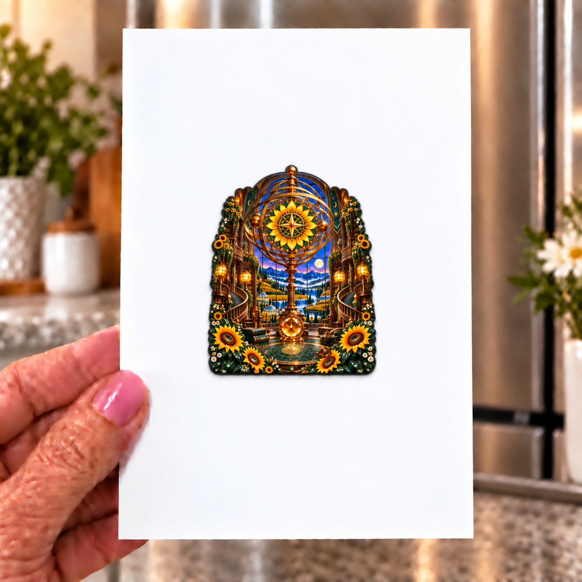 Sunflower Atlas Observatory Acrylic Refrigerator Magnet with printed optical 3D artwork in its use setting