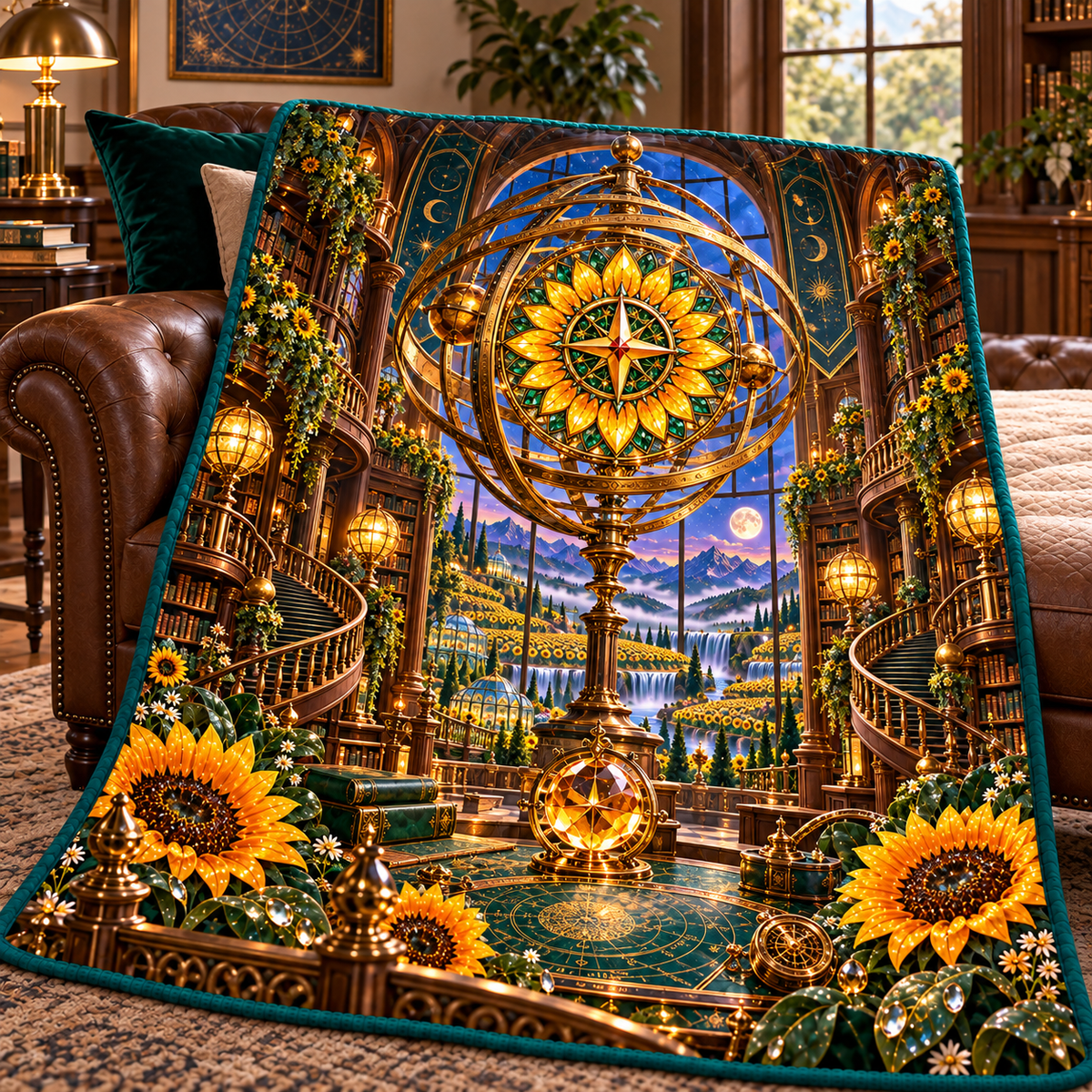 Sunflower Atlas Observatory Quilt Blanket with printed optical 3D artwork in its use setting