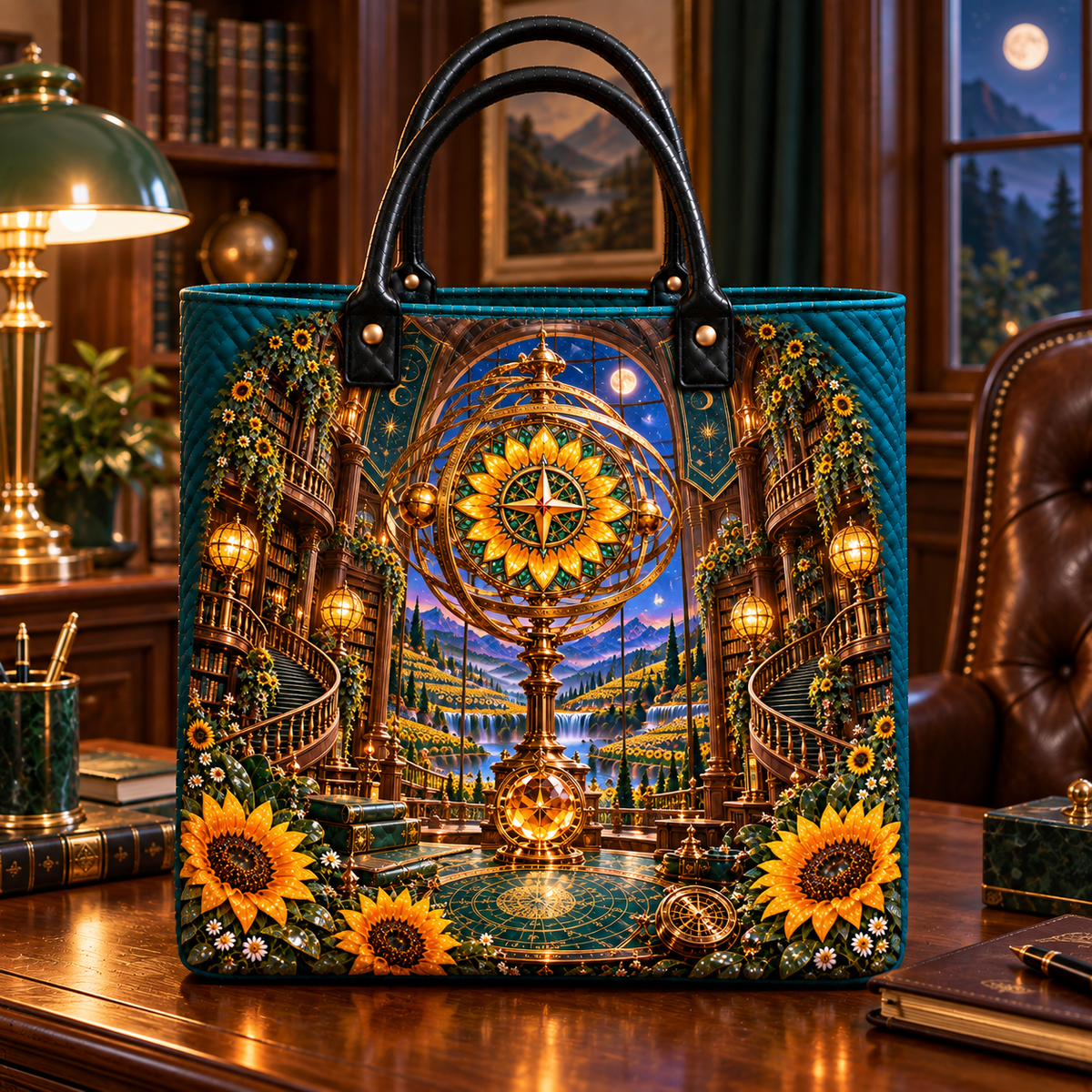 Sunflower Atlas Observatory Quilted Tote Bag with printed optical 3D artwork in its use setting