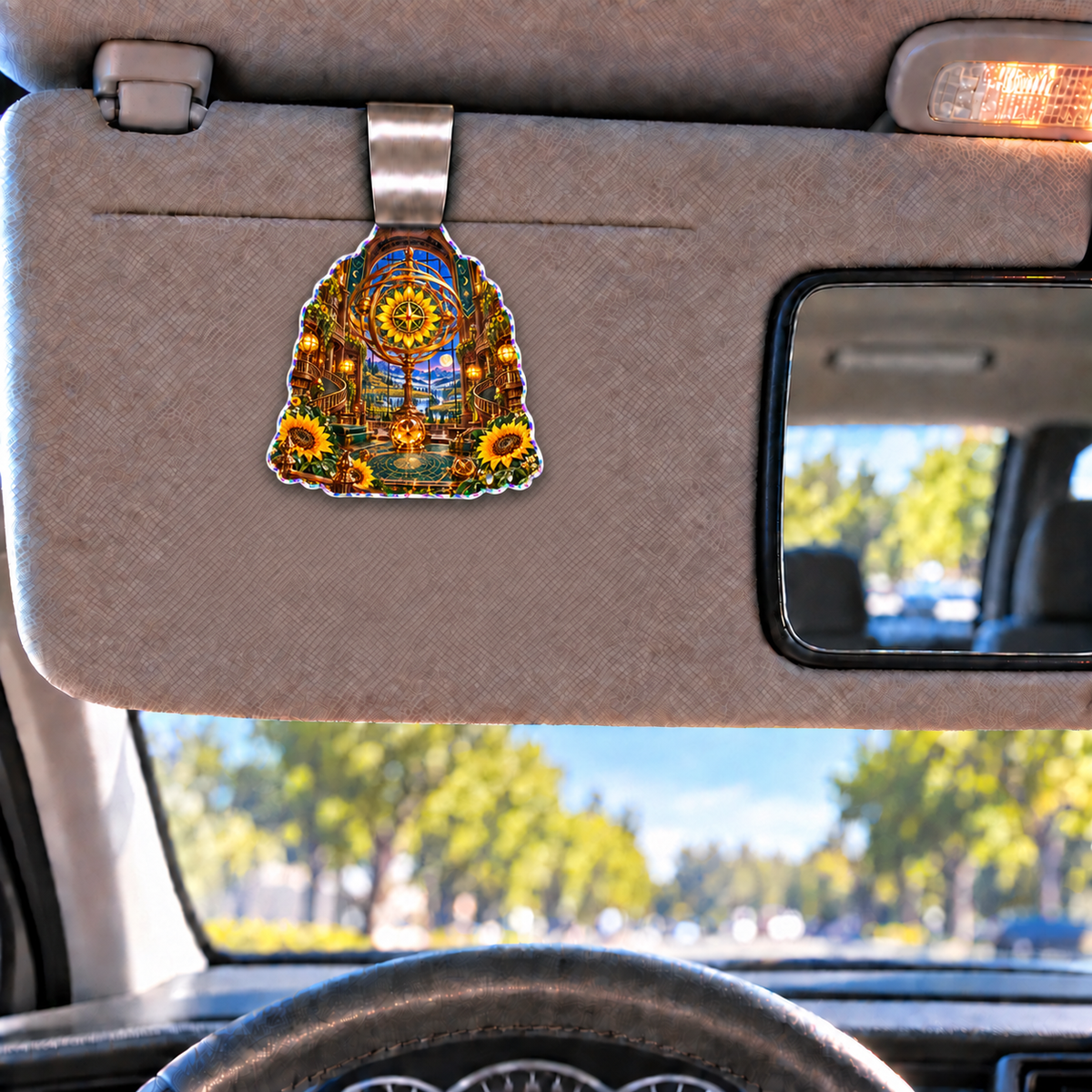 Sunflower Atlas Observatory Holographic Car Visor Clip with printed optical 3D artwork in its use setting