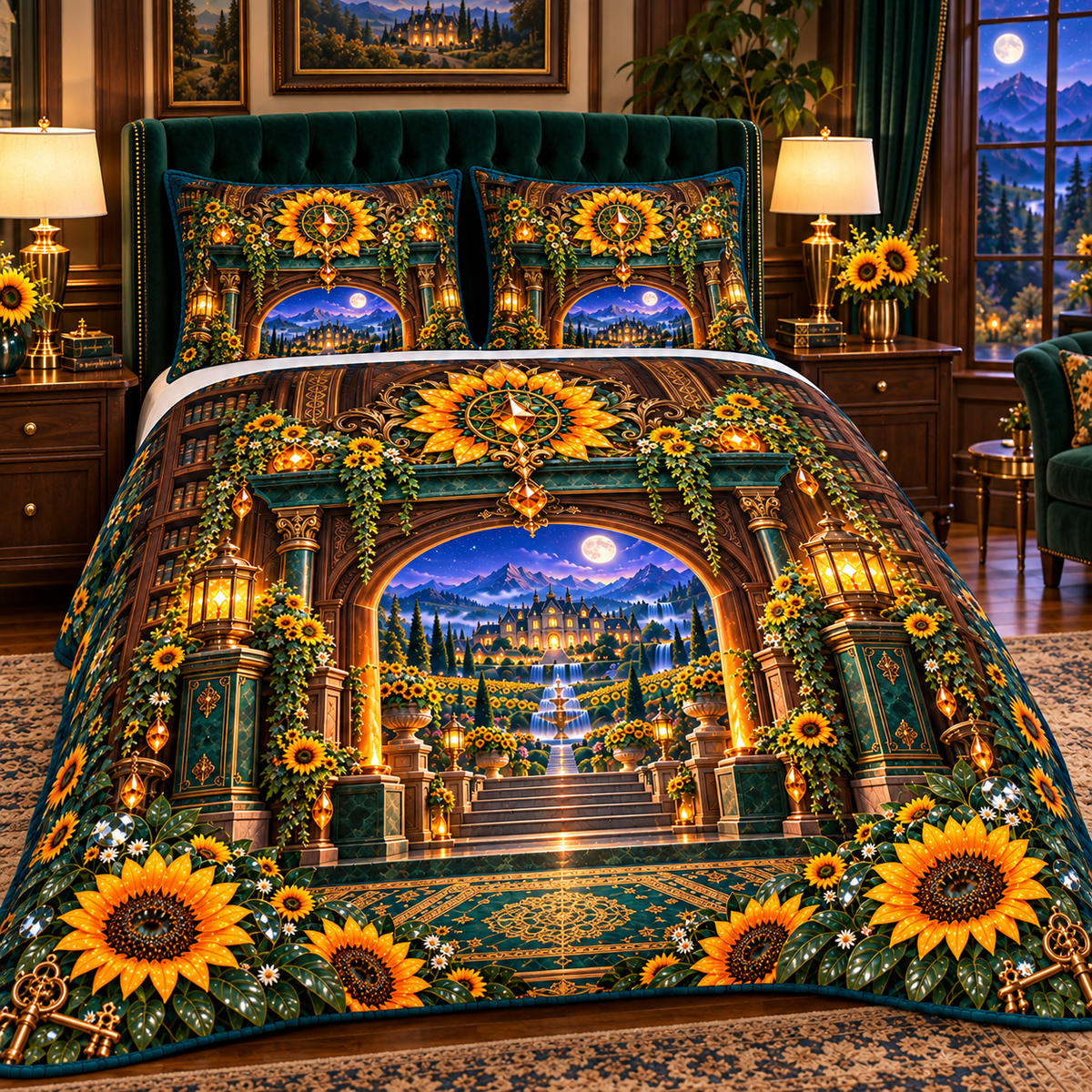 Sunflower Hearth Manor Quilted Bedding Set with printed optical 3D artwork in its use setting