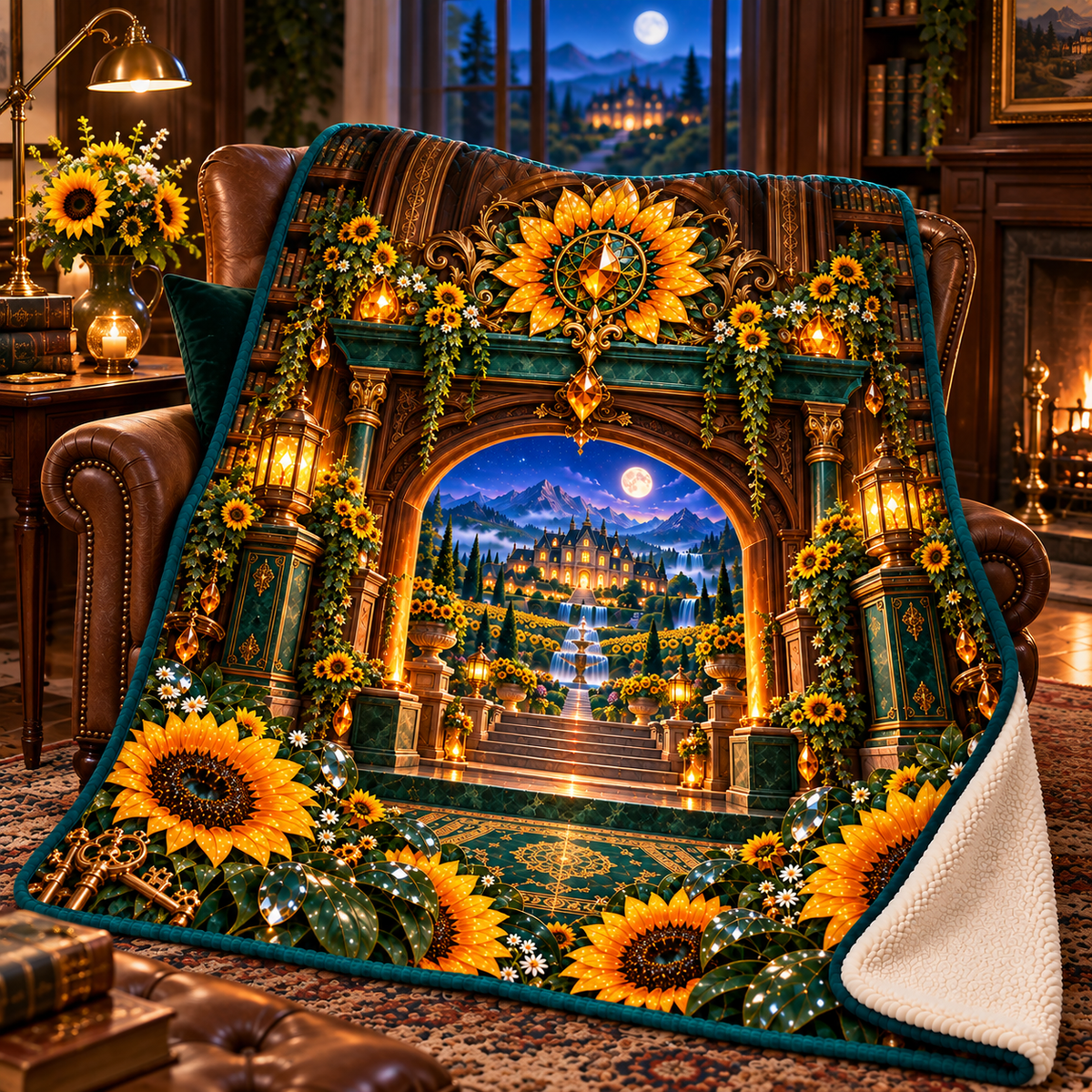 Sunflower Hearth Manor Sherpa & Fleece Blanket with printed optical 3D artwork in its use setting