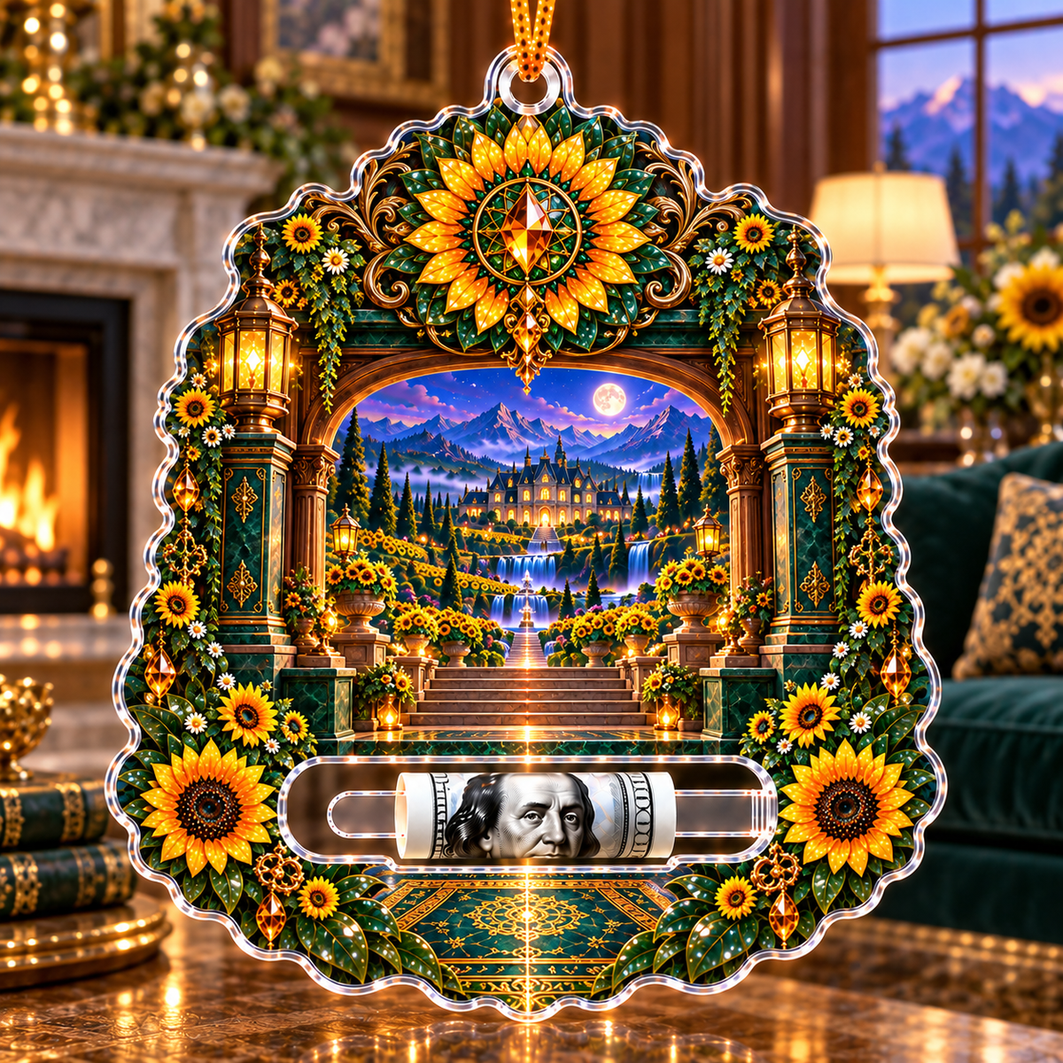 Sunflower Hearth Manor Acrylic Cash Holder Ornament with printed optical 3D artwork in its use setting