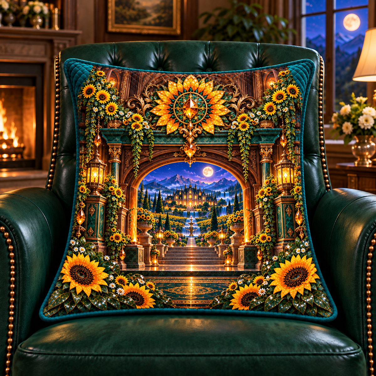 Sunflower Hearth Manor Quilted Cushion Cover with printed optical 3D artwork in its use setting