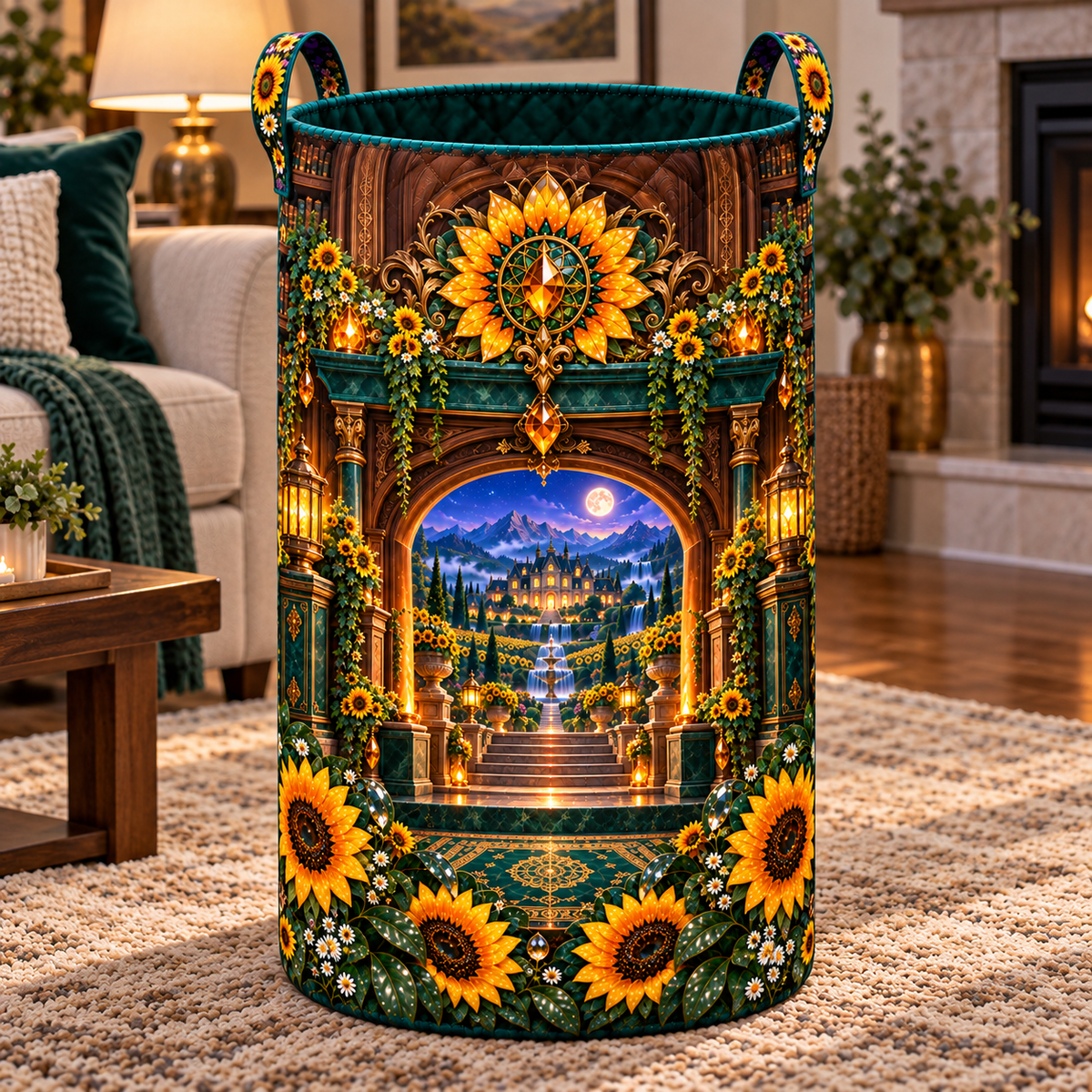 Sunflower Hearth Manor Laundry Hamper with printed optical 3D artwork in its use setting