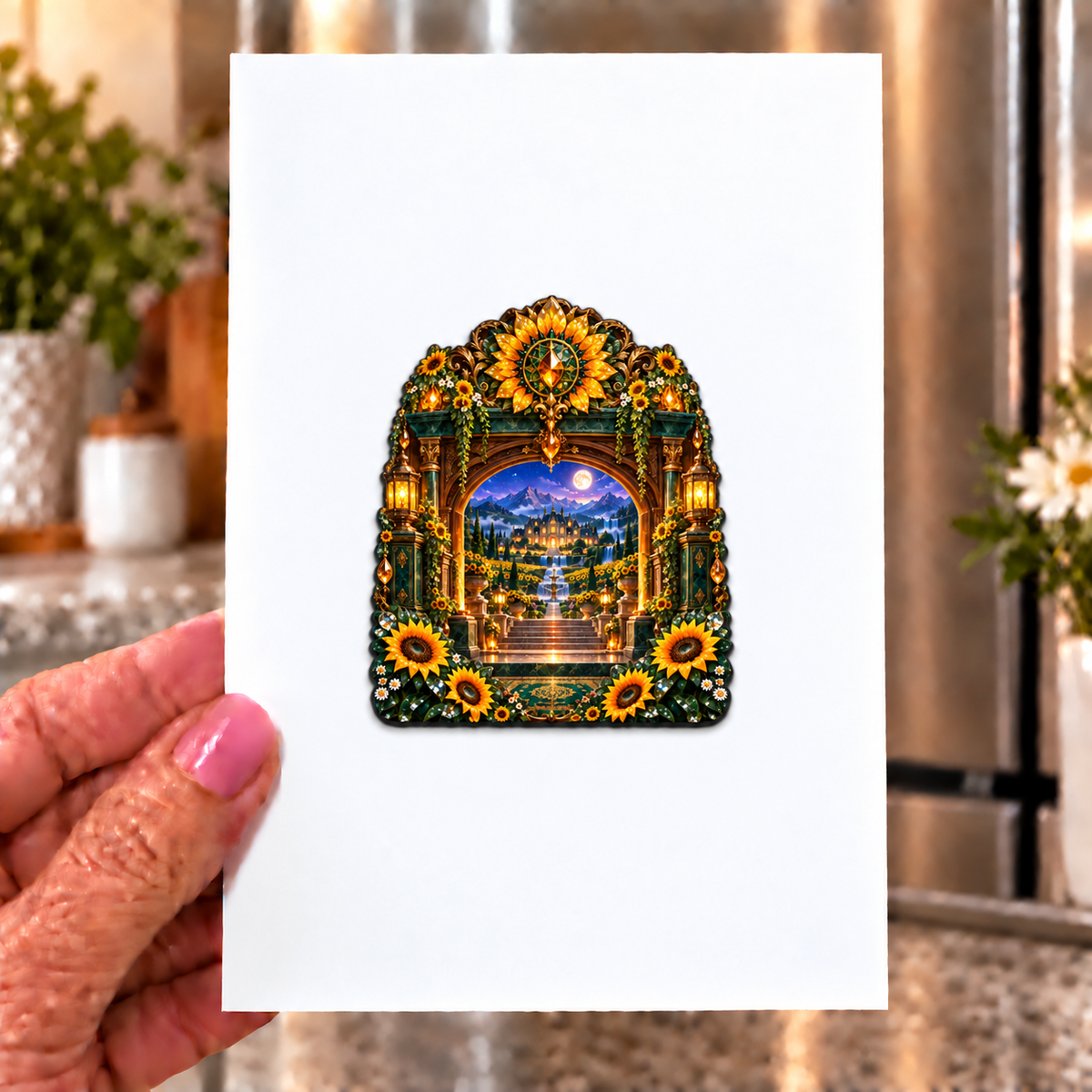 Sunflower Hearth Manor Acrylic Refrigerator Magnet with printed optical 3D artwork in its use setting