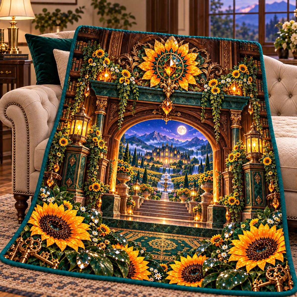 Sunflower Hearth Manor Quilt Blanket with printed optical 3D artwork in its use setting