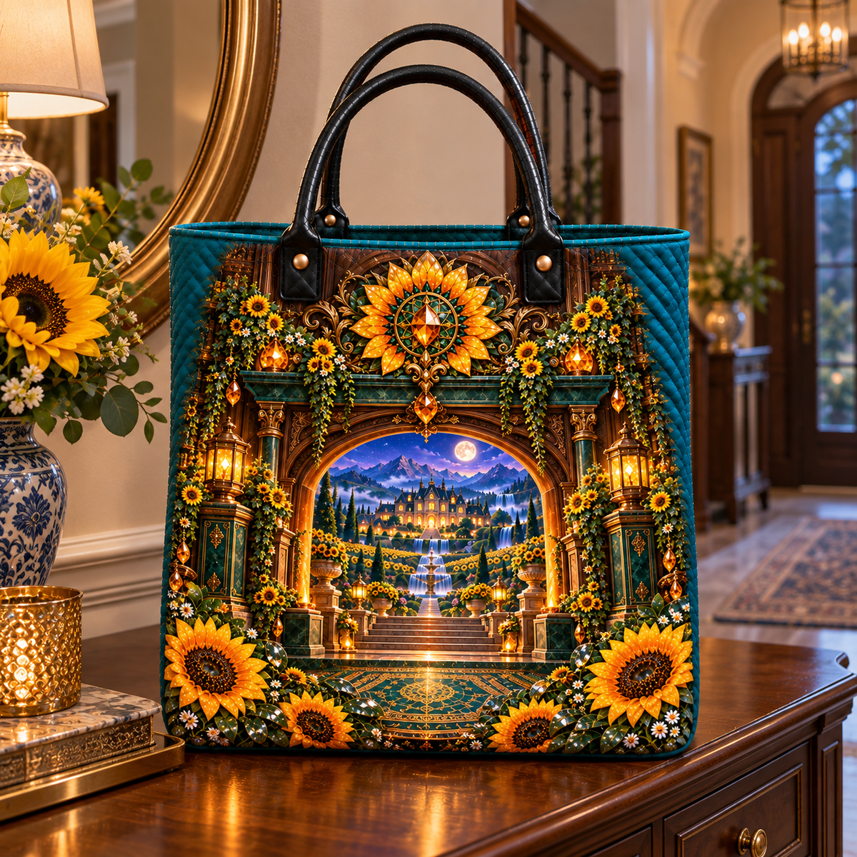 Sunflower Hearth Manor Quilted Tote Bag with printed optical 3D artwork in its use setting