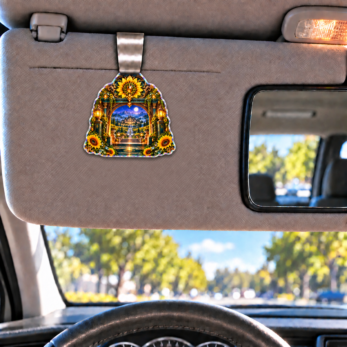 Sunflower Hearth Manor Holographic Car Visor Clip with printed optical 3D artwork in its use setting