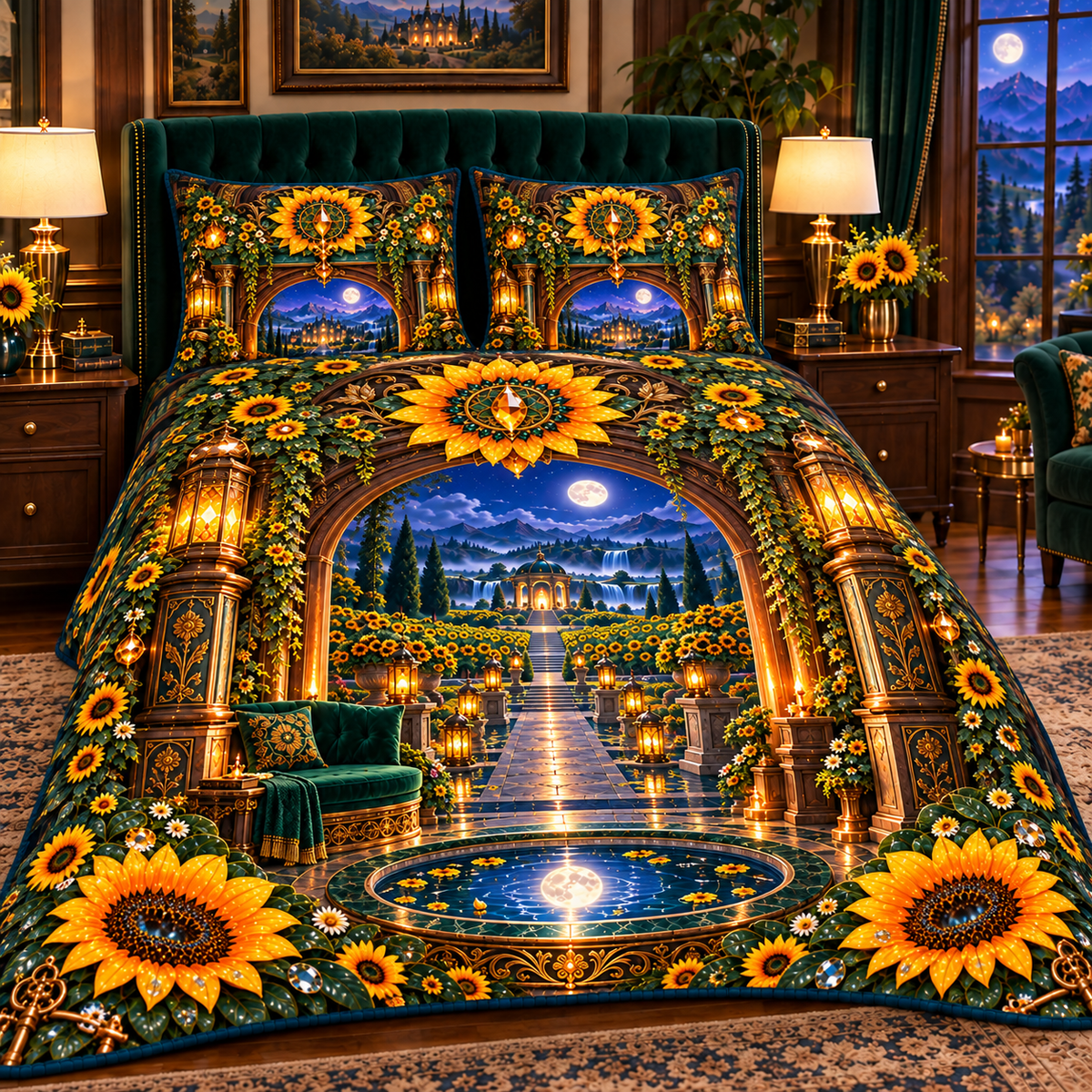 Sunflower Moonwell Alcove Quilted Bedding Set with printed optical 3D artwork in its use setting