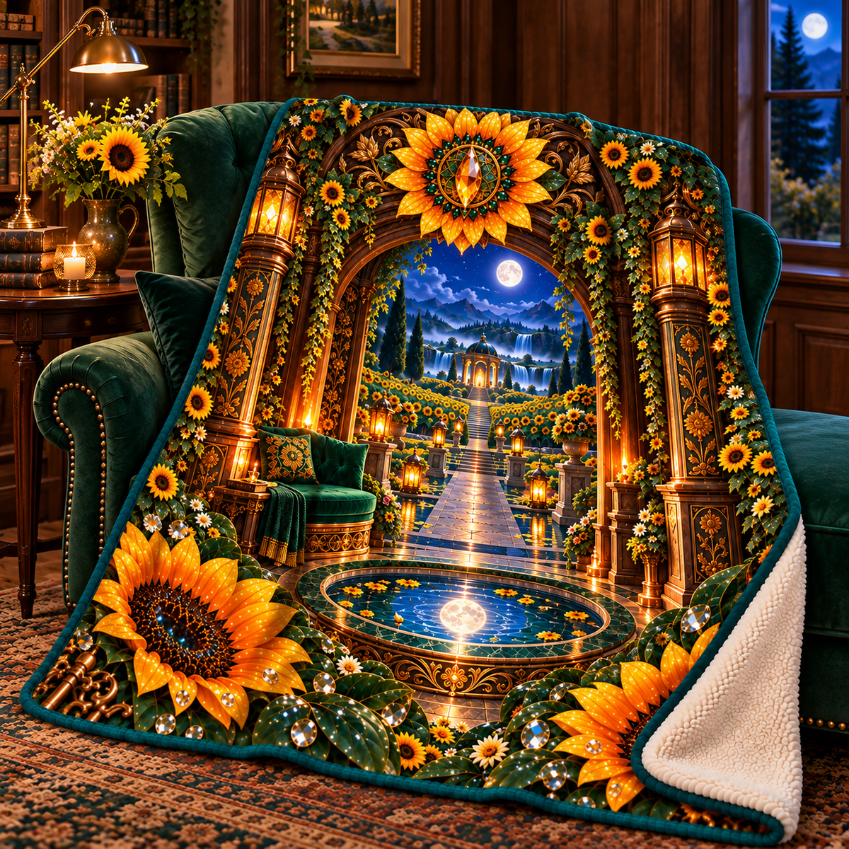 Sunflower Moonwell Alcove Sherpa & Fleece Blanket with printed optical 3D artwork in its use setting