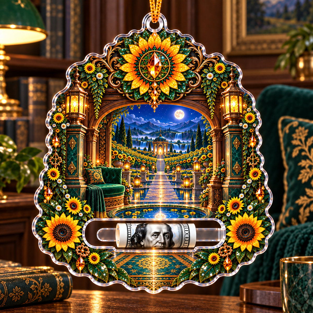 Sunflower Moonwell Alcove Acrylic Cash Holder Ornament with printed optical 3D artwork in its use setting