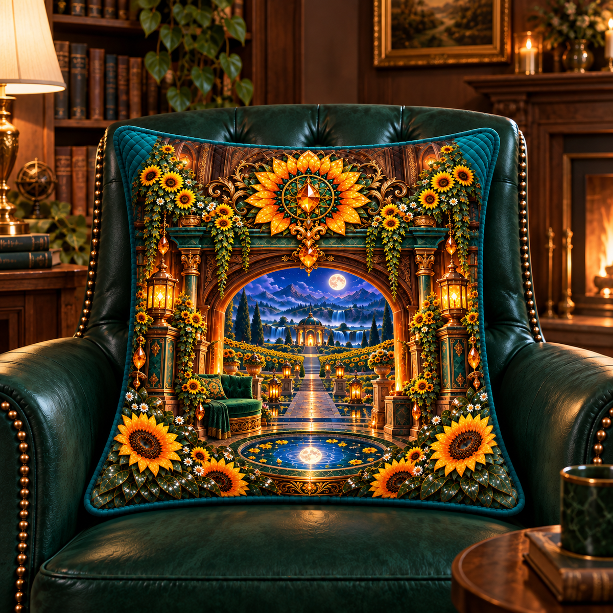 Sunflower Moonwell Alcove Quilted Cushion Cover with printed optical 3D artwork in its use setting