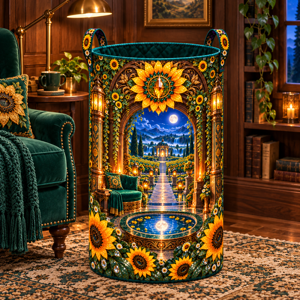 Sunflower Moonwell Alcove Laundry Hamper with printed optical 3D artwork in its use setting