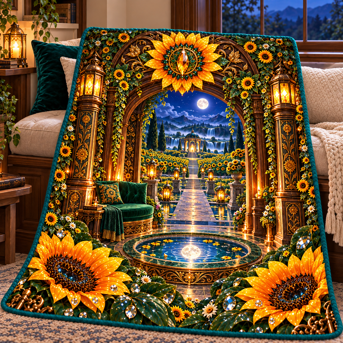Sunflower Moonwell Alcove Quilt Blanket with printed optical 3D artwork in its use setting