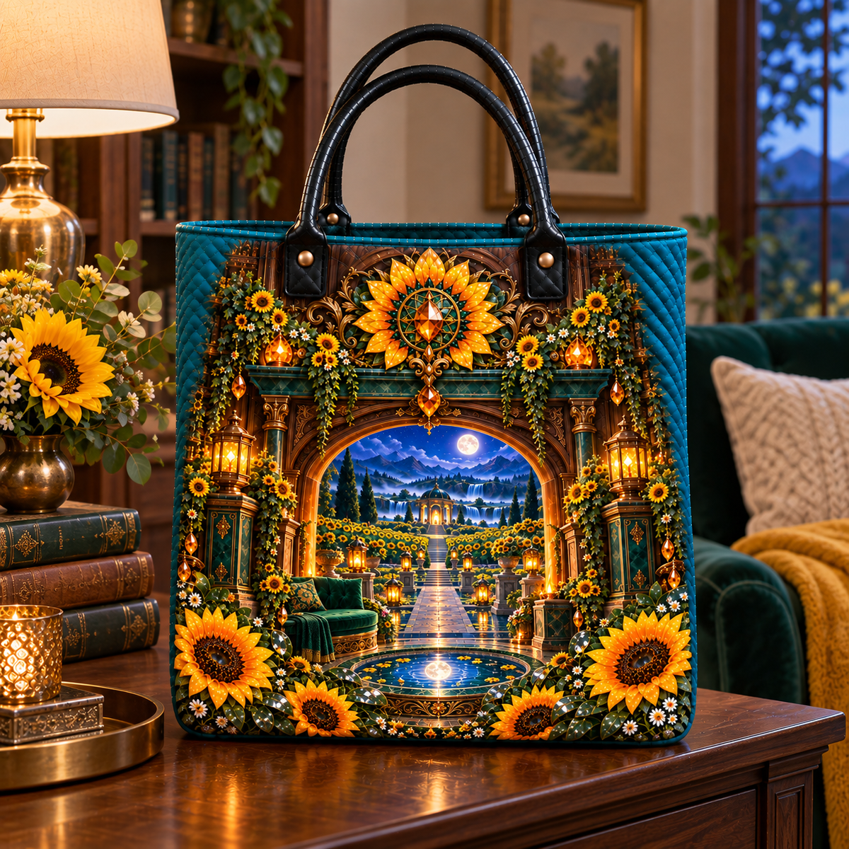 Sunflower Moonwell Alcove Quilted Tote Bag with printed optical 3D artwork in its use setting