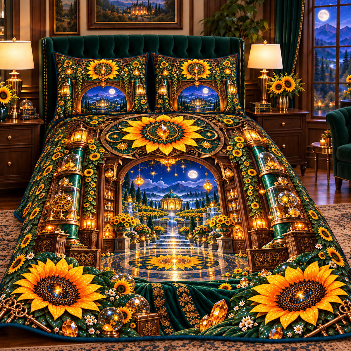 Sunflower Curio Jubilee Quilted Bedding Set with printed optical 3D artwork in its use setting