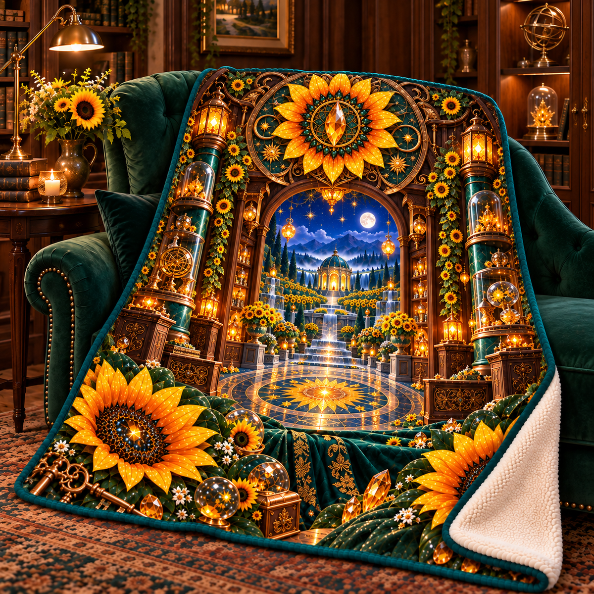 Sunflower Curio Jubilee Sherpa & Fleece Blanket with printed optical 3D artwork in its use setting