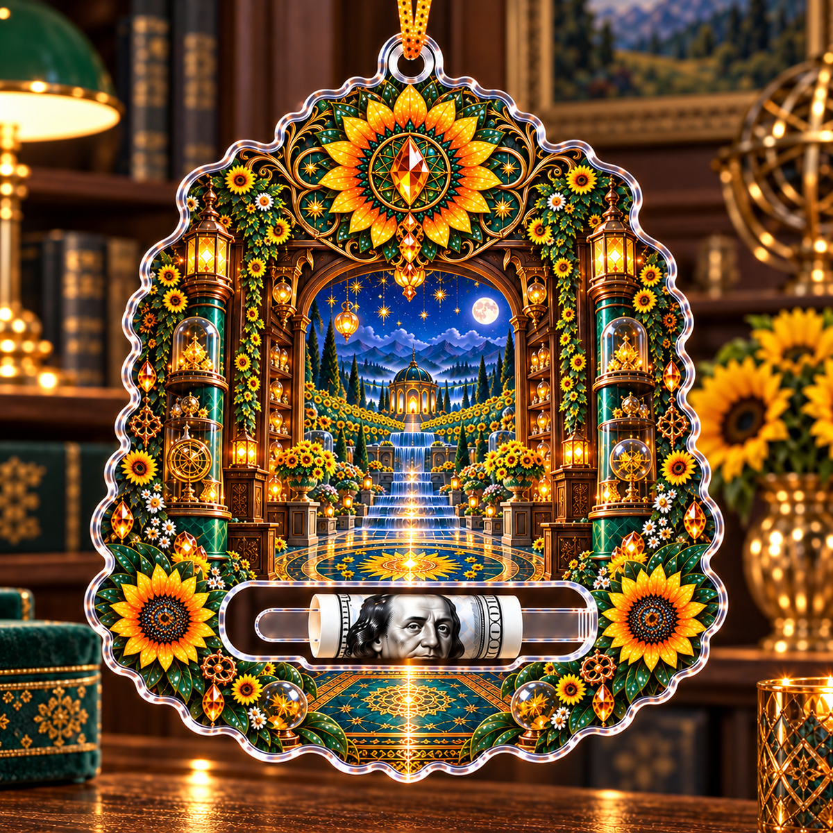 Sunflower Curio Jubilee Acrylic Cash Holder Ornament with printed optical 3D artwork in its use setting