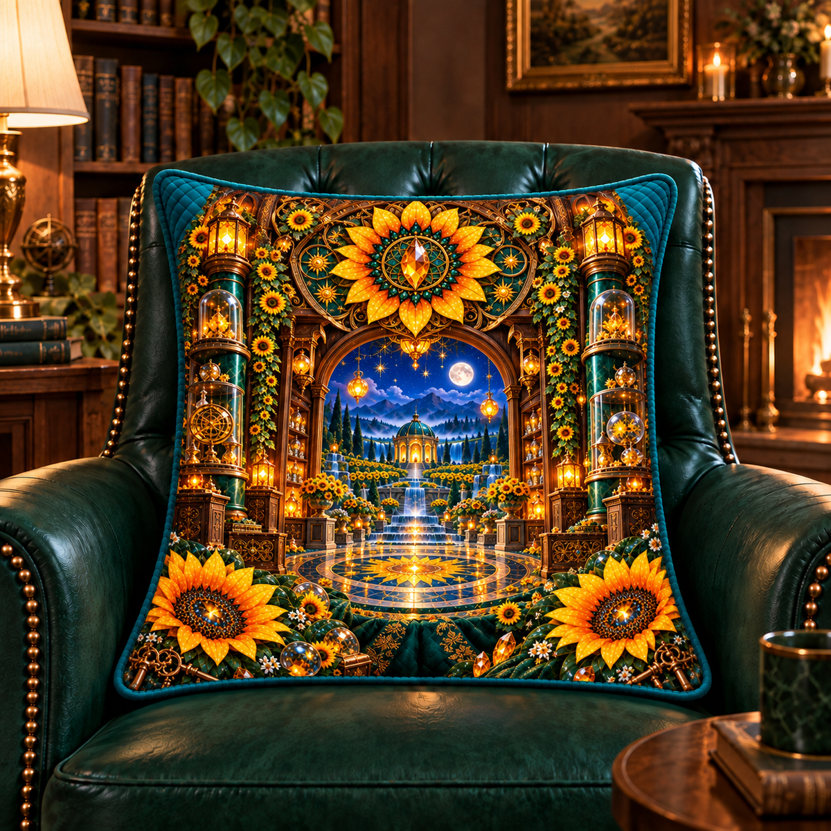 Sunflower Curio Jubilee Quilted Cushion Cover with printed optical 3D artwork in its use setting
