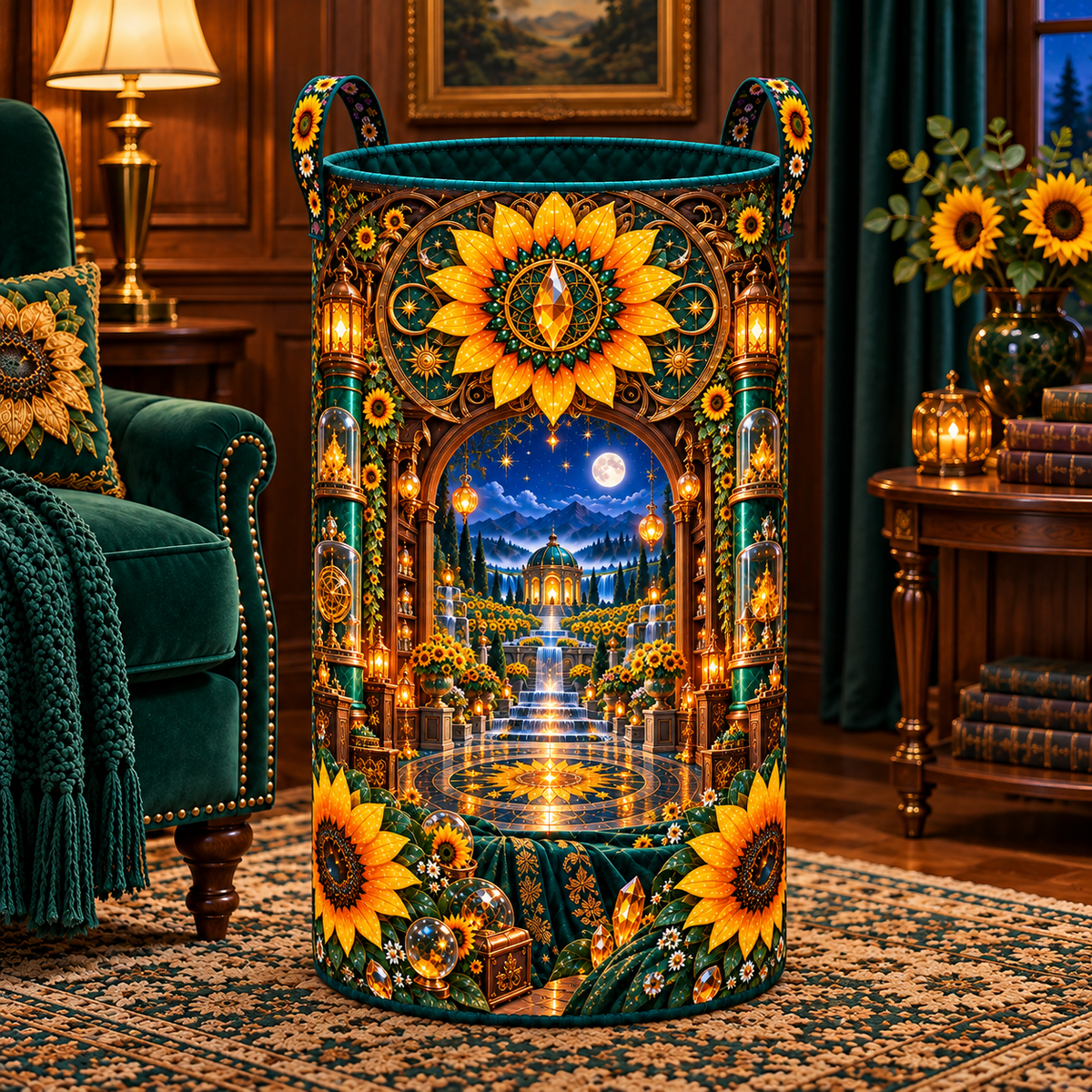Sunflower Curio Jubilee Laundry Hamper with printed optical 3D artwork in its use setting