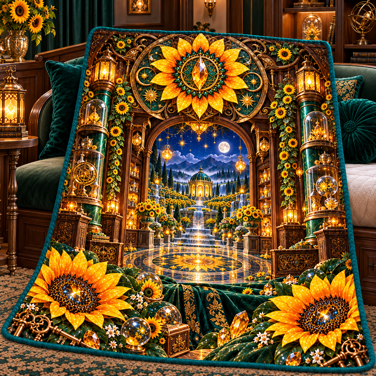 Sunflower Curio Jubilee Quilt Blanket with printed optical 3D artwork in its use setting