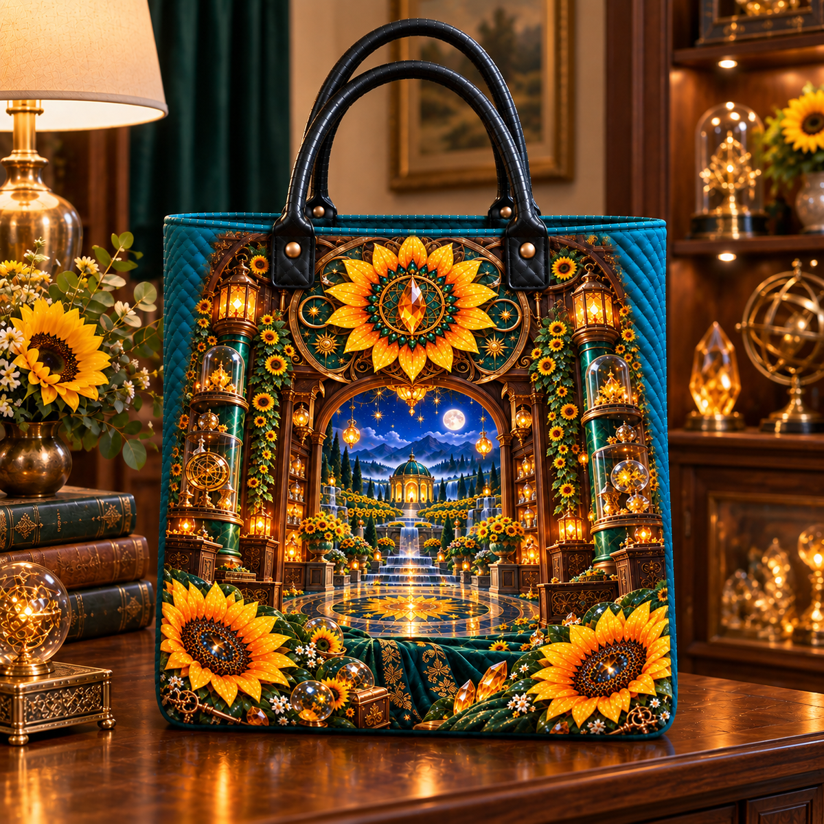 Sunflower Curio Jubilee Quilted Tote Bag with printed optical 3D artwork in its use setting