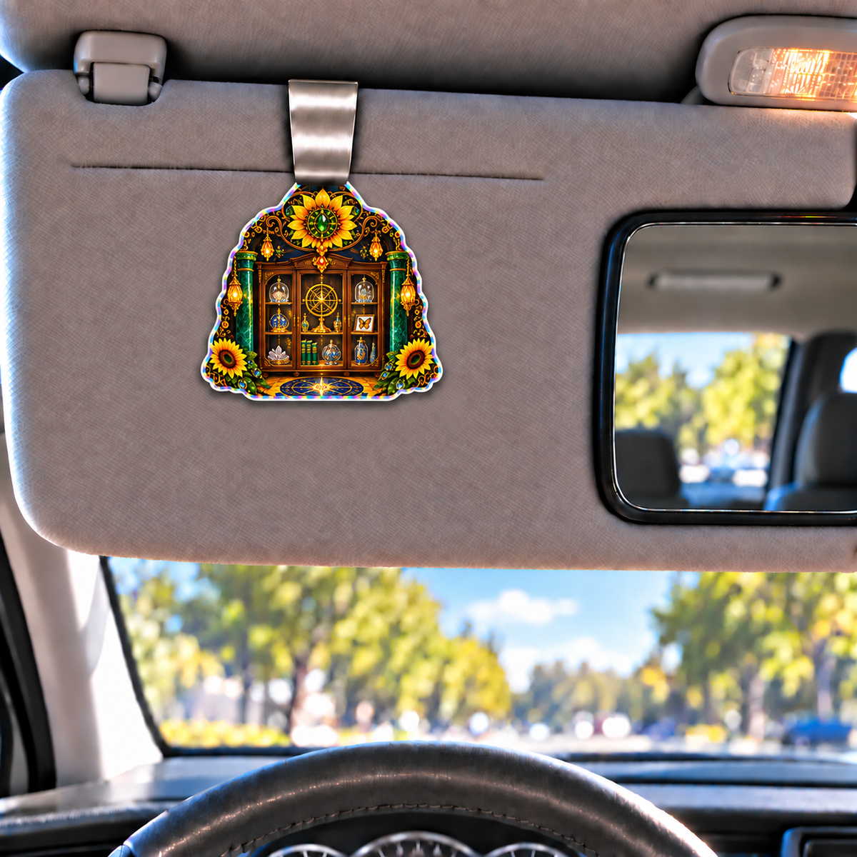 Sunflower Curio Jubilee Holographic Car Visor Clip with printed optical 3D artwork in its use setting