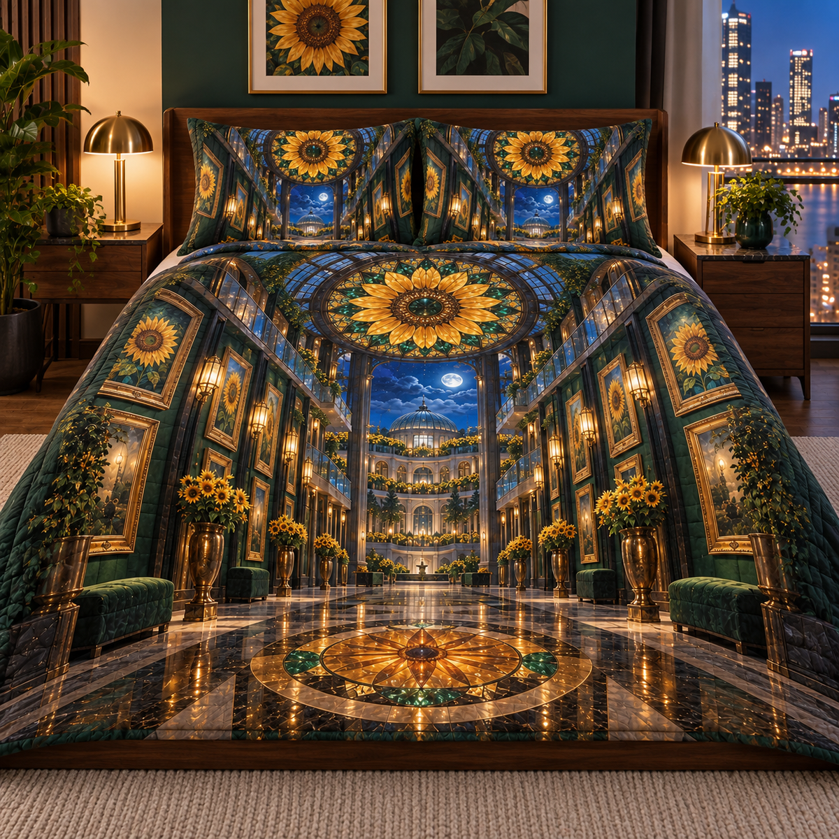 Sunflower Gallery Atrium Quilted Bedding Set with printed optical 3D artwork in its use setting