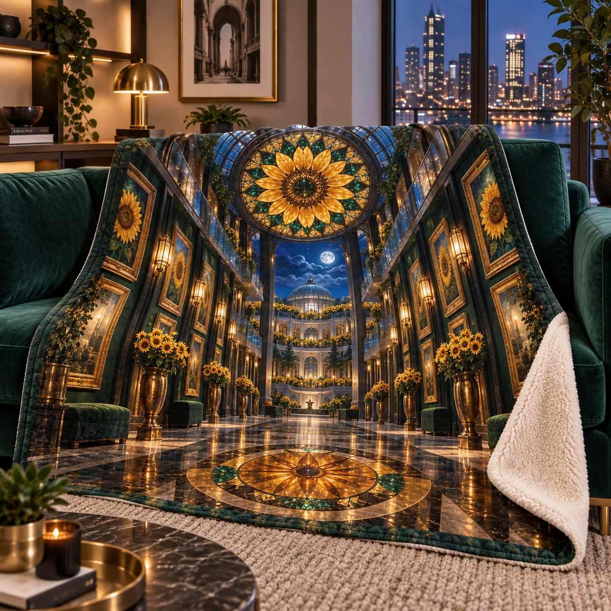 Sunflower Gallery Atrium Sherpa & Fleece Blanket with printed optical 3D artwork in its use setting