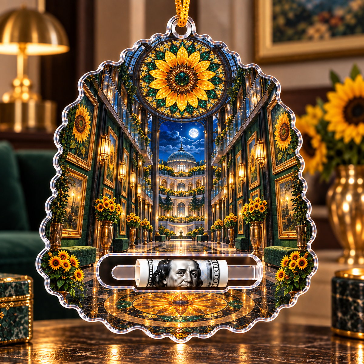Sunflower Gallery Atrium Acrylic Cash Holder Ornament with printed optical 3D artwork in its use setting