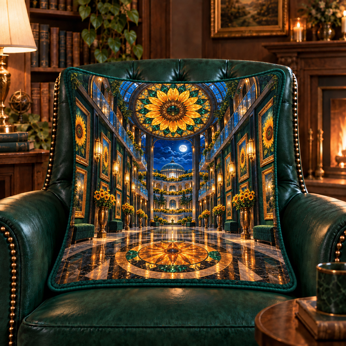 Sunflower Gallery Atrium Quilted Cushion Cover with printed optical 3D artwork in its use setting