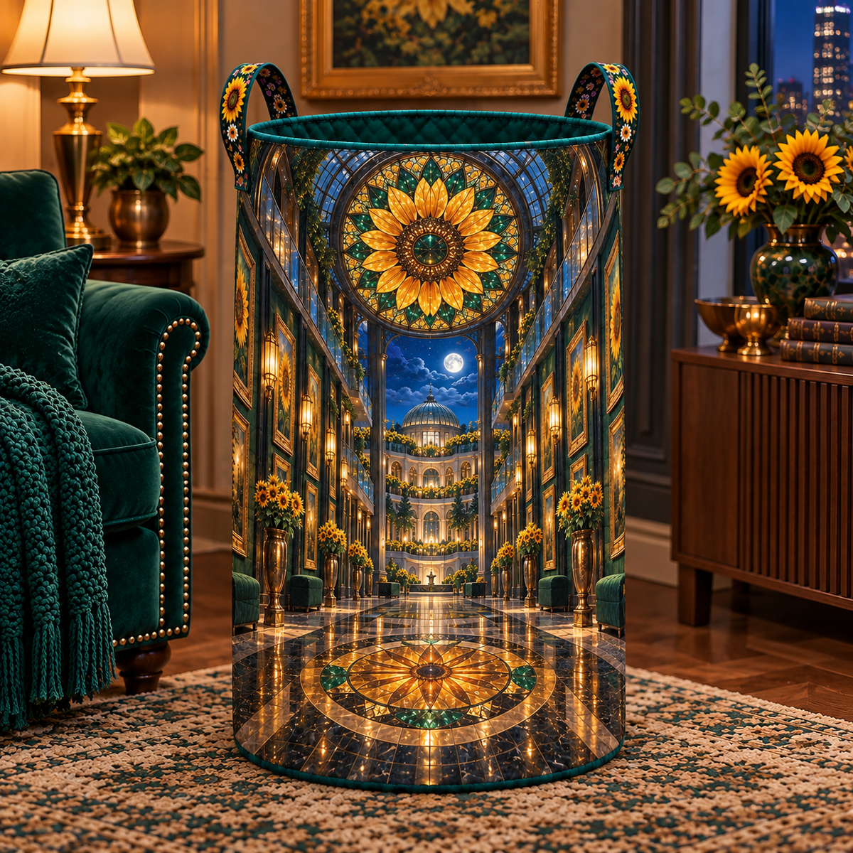 Sunflower Gallery Atrium Laundry Hamper with printed optical 3D artwork in its use setting
