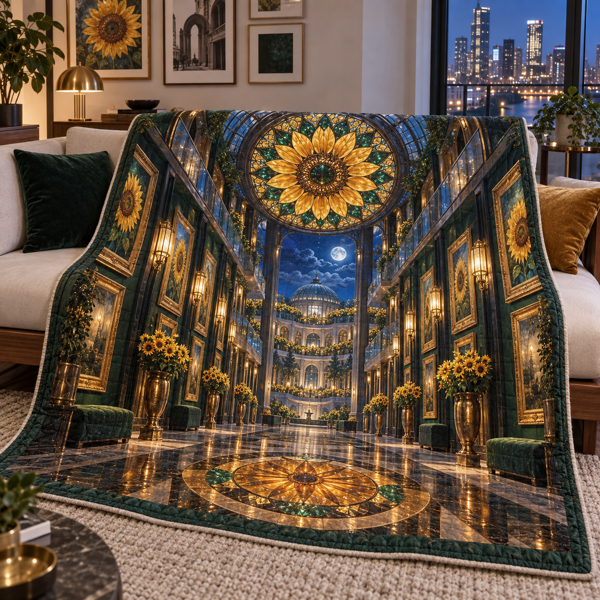Sunflower Gallery Atrium Quilt Blanket with printed optical 3D artwork in its use setting