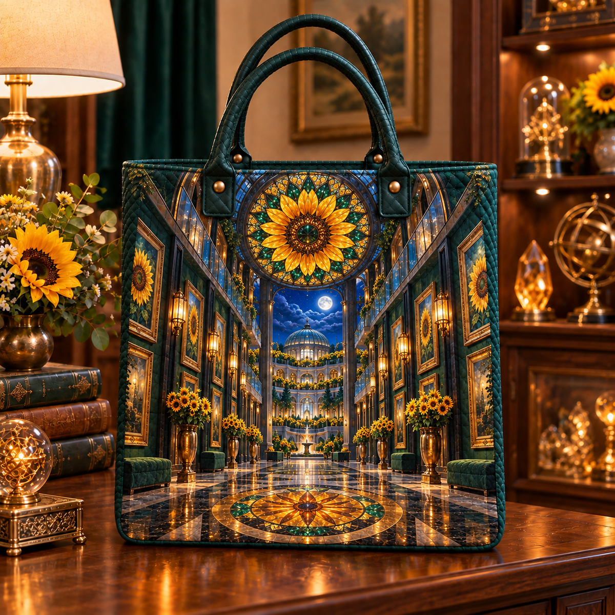 Sunflower Gallery Atrium Quilted Tote Bag with printed optical 3D artwork in its use setting