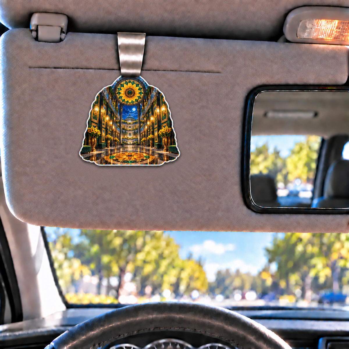 Sunflower Gallery Atrium Holographic Car Visor Clip with printed optical 3D artwork in its use setting