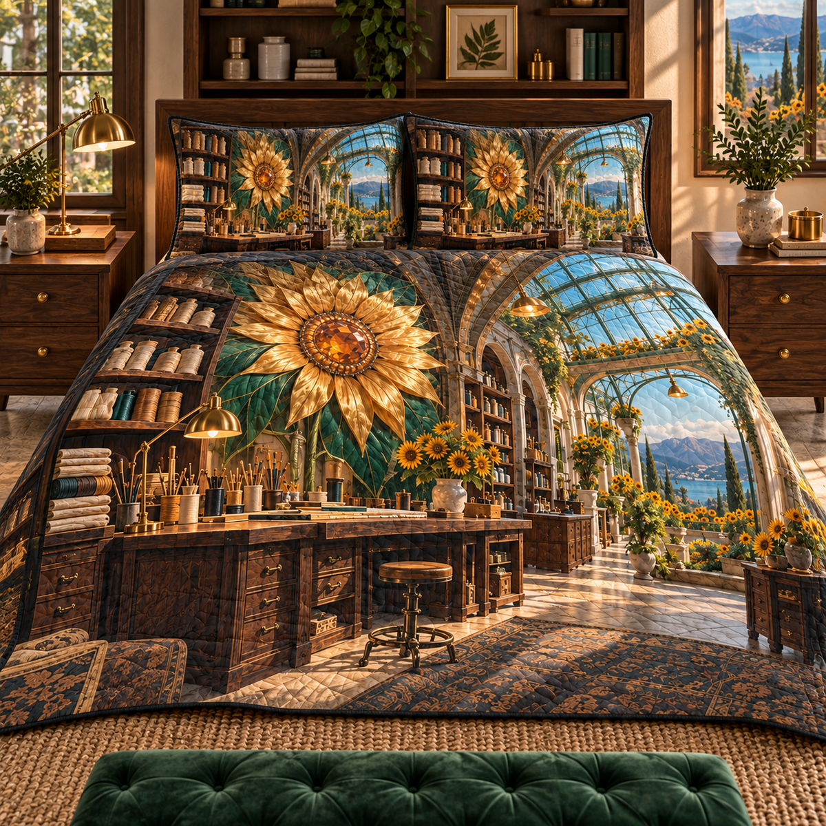 Sunflower Makers Loft Quilted Bedding Set with printed optical 3D artwork in its use setting