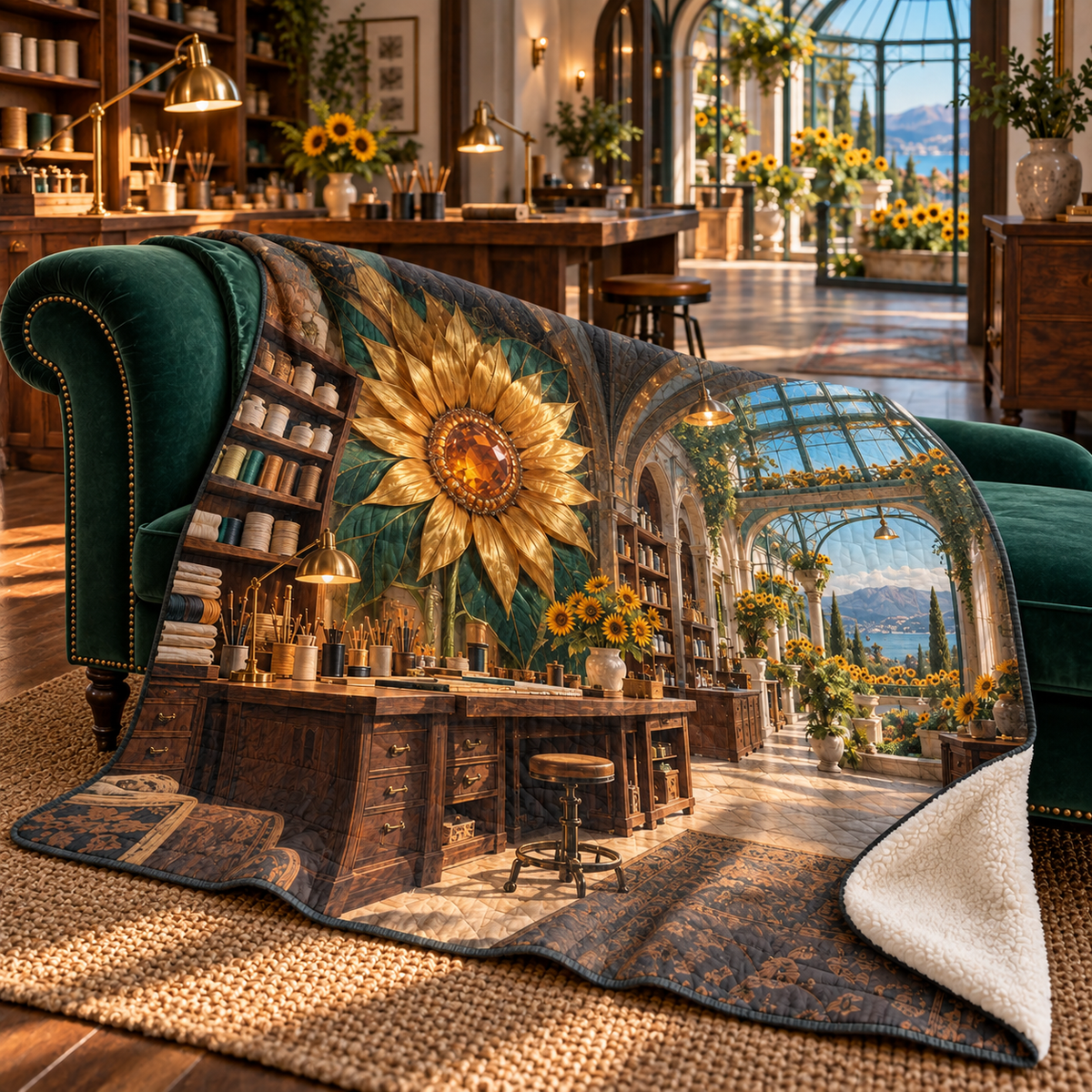 Sunflower Makers Loft Sherpa & Fleece Blanket with printed optical 3D artwork in its use setting