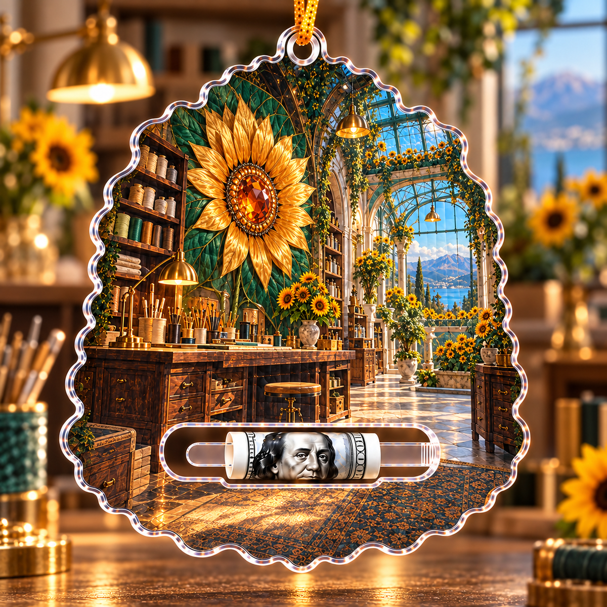 Sunflower Makers Loft Acrylic Cash Holder Ornament with printed optical 3D artwork in its use setting