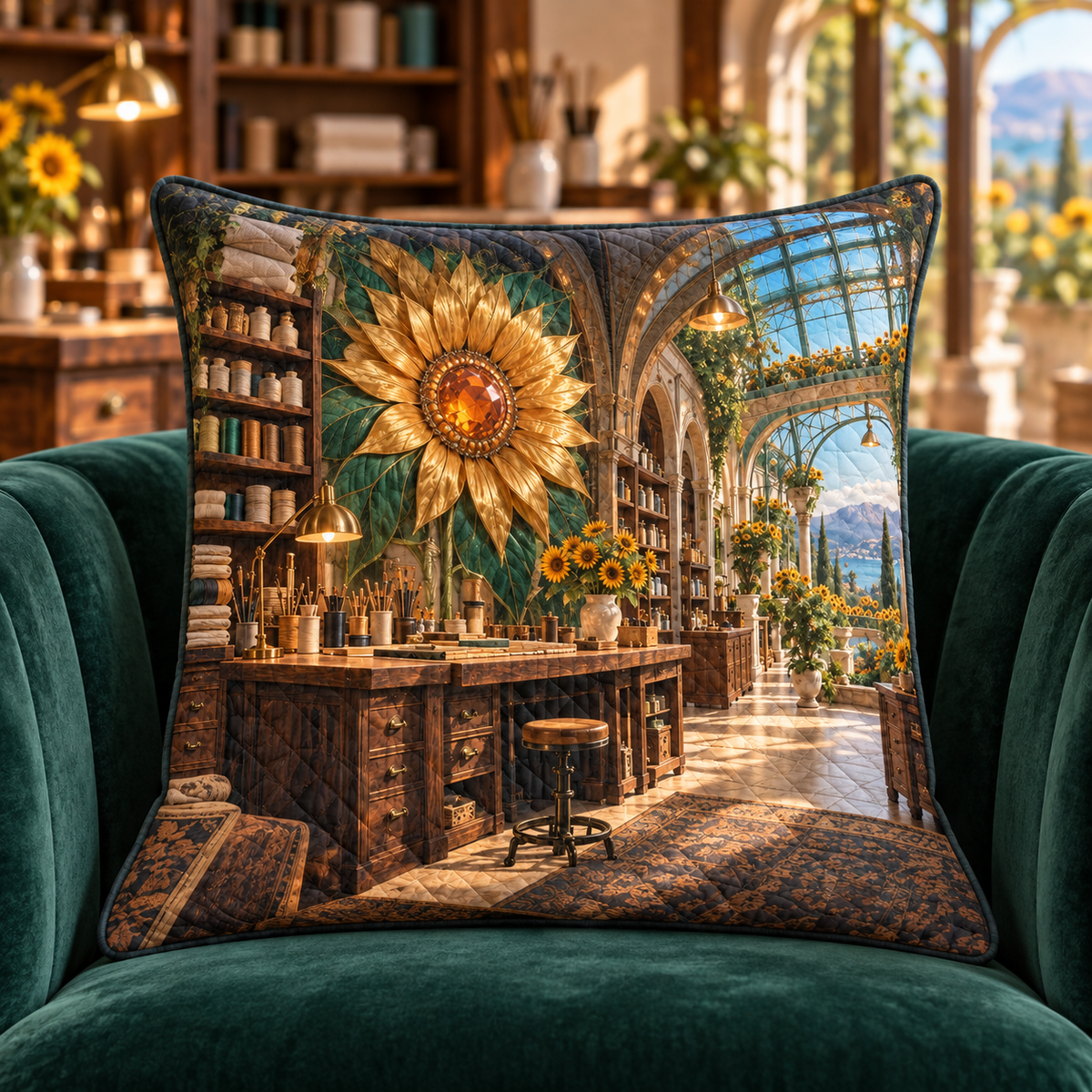 Sunflower Makers Loft Quilted Cushion Cover with printed optical 3D artwork in its use setting