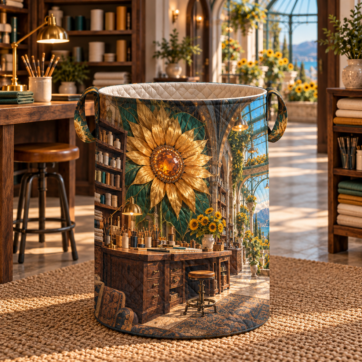 Sunflower Makers Loft Laundry Hamper with printed optical 3D artwork in its use setting