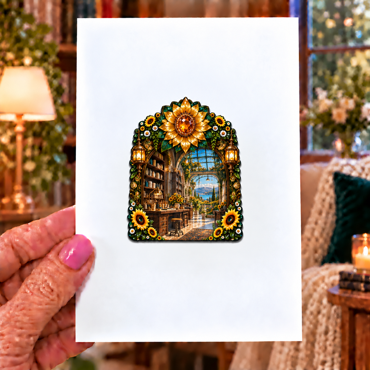 Sunflower Makers Loft Acrylic Refrigerator Magnet with printed optical 3D artwork in its use setting