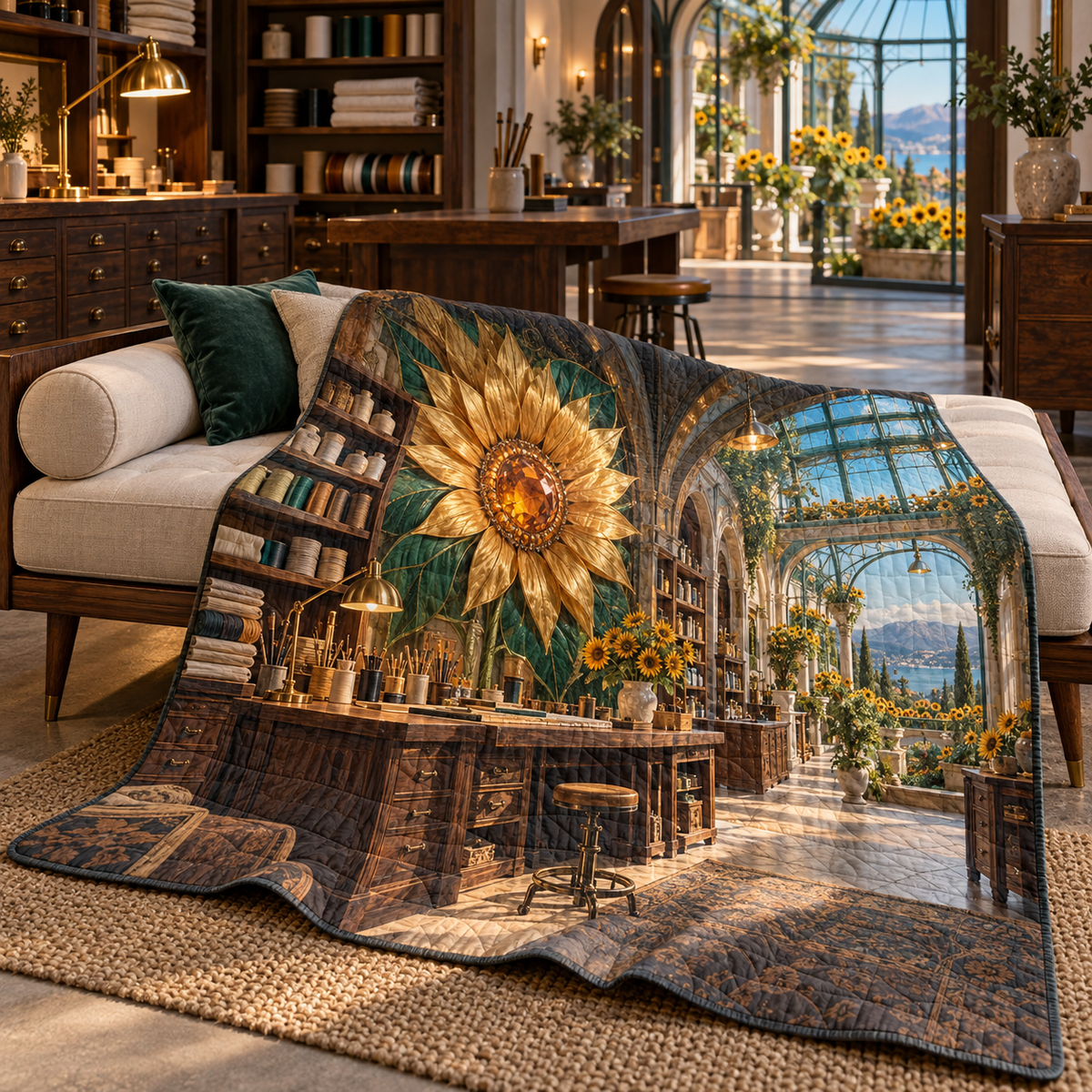 Sunflower Makers Loft Quilt Blanket with printed optical 3D artwork in its use setting