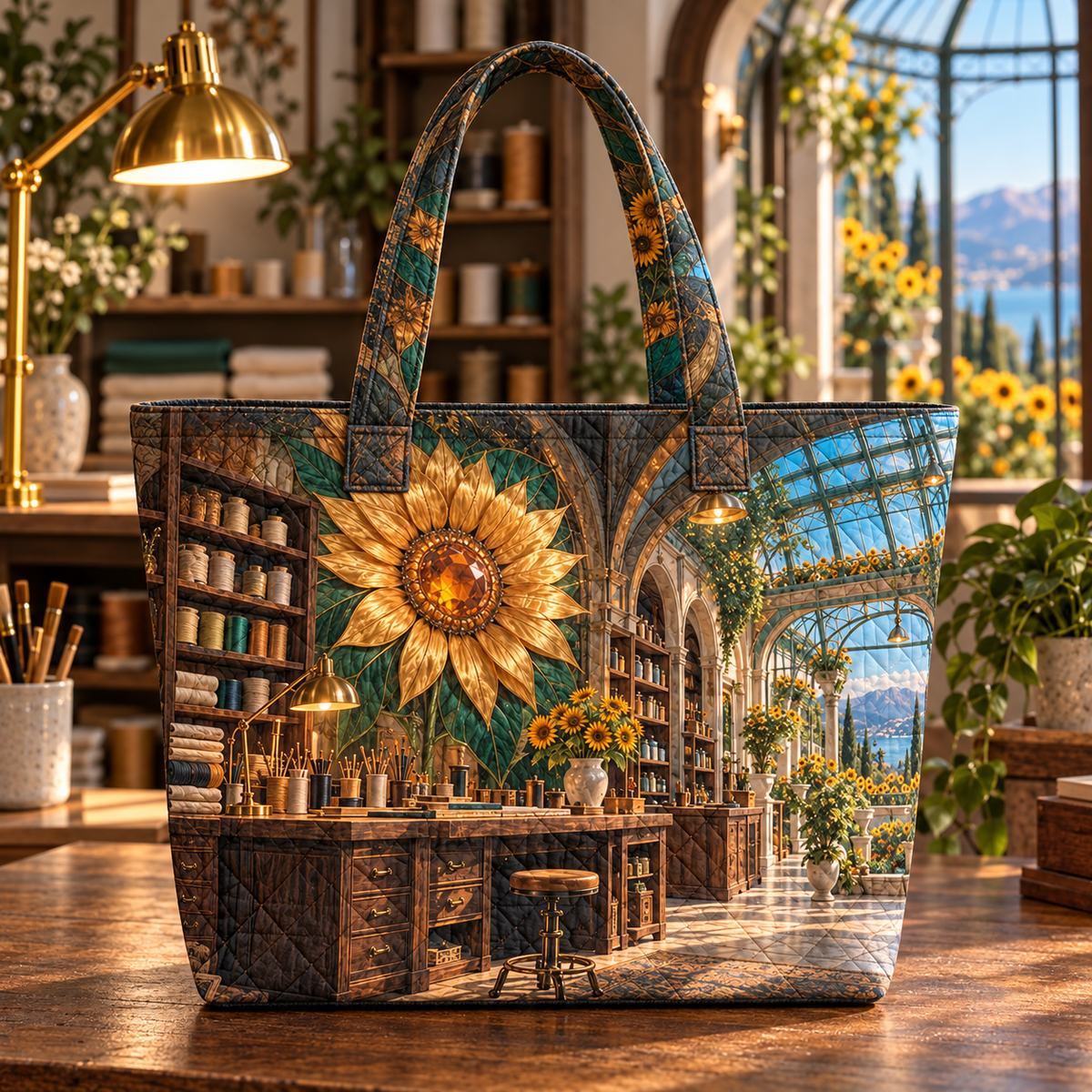 Sunflower Makers Loft Quilted Tote Bag with printed optical 3D artwork in its use setting