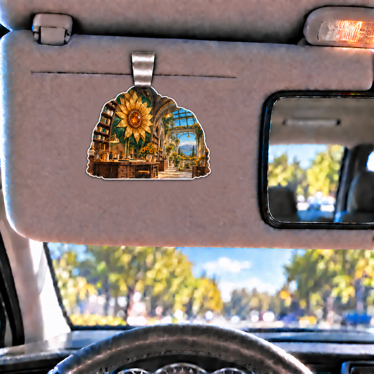 Sunflower Makers Loft Holographic Car Visor Clip with printed optical 3D artwork in its use setting