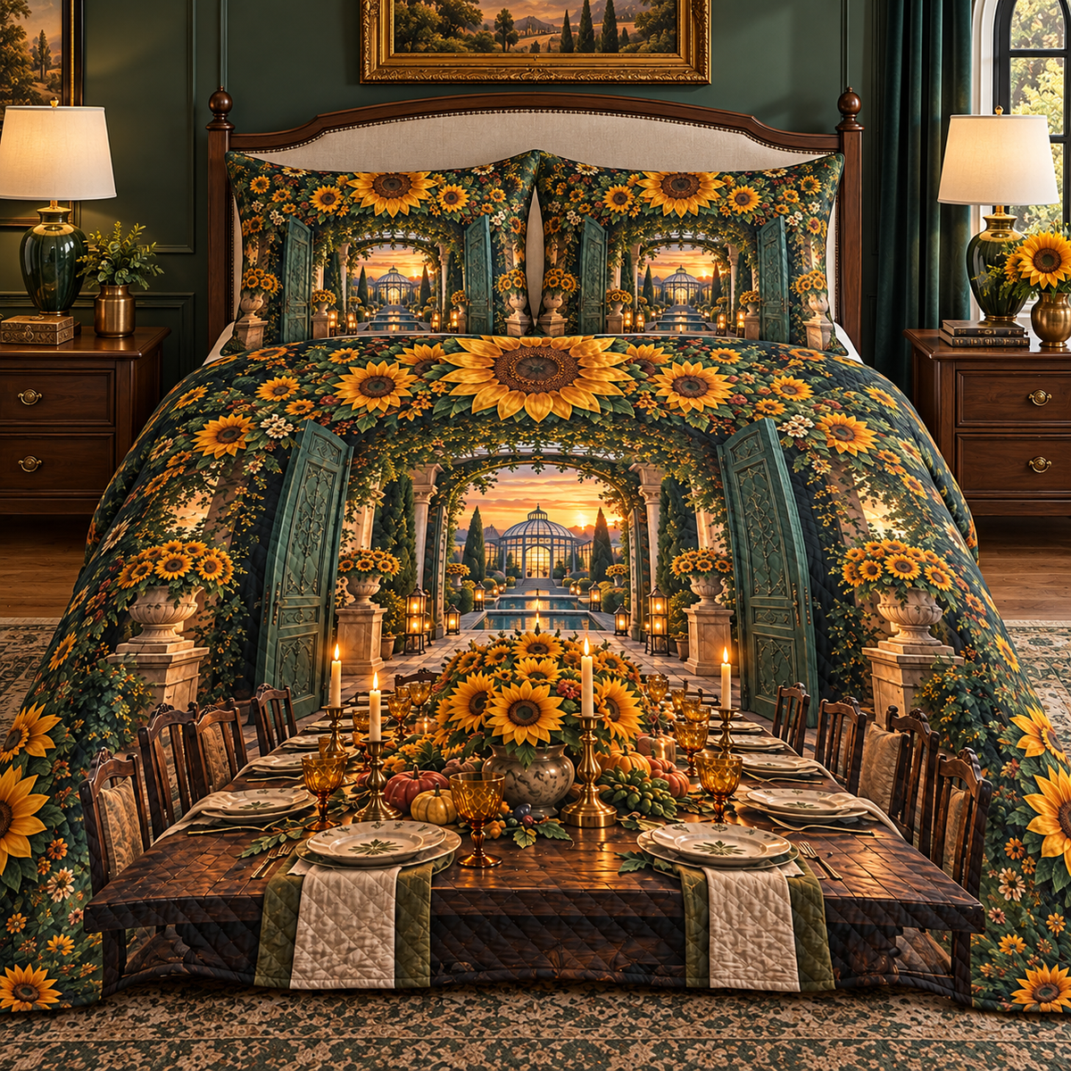 Sunflower Gratitude Feast Quilted Bedding Set with printed optical 3D artwork in its use setting