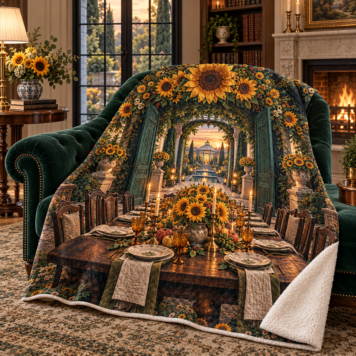 Sunflower Gratitude Feast Sherpa & Fleece Blanket with printed optical 3D artwork in its use setting