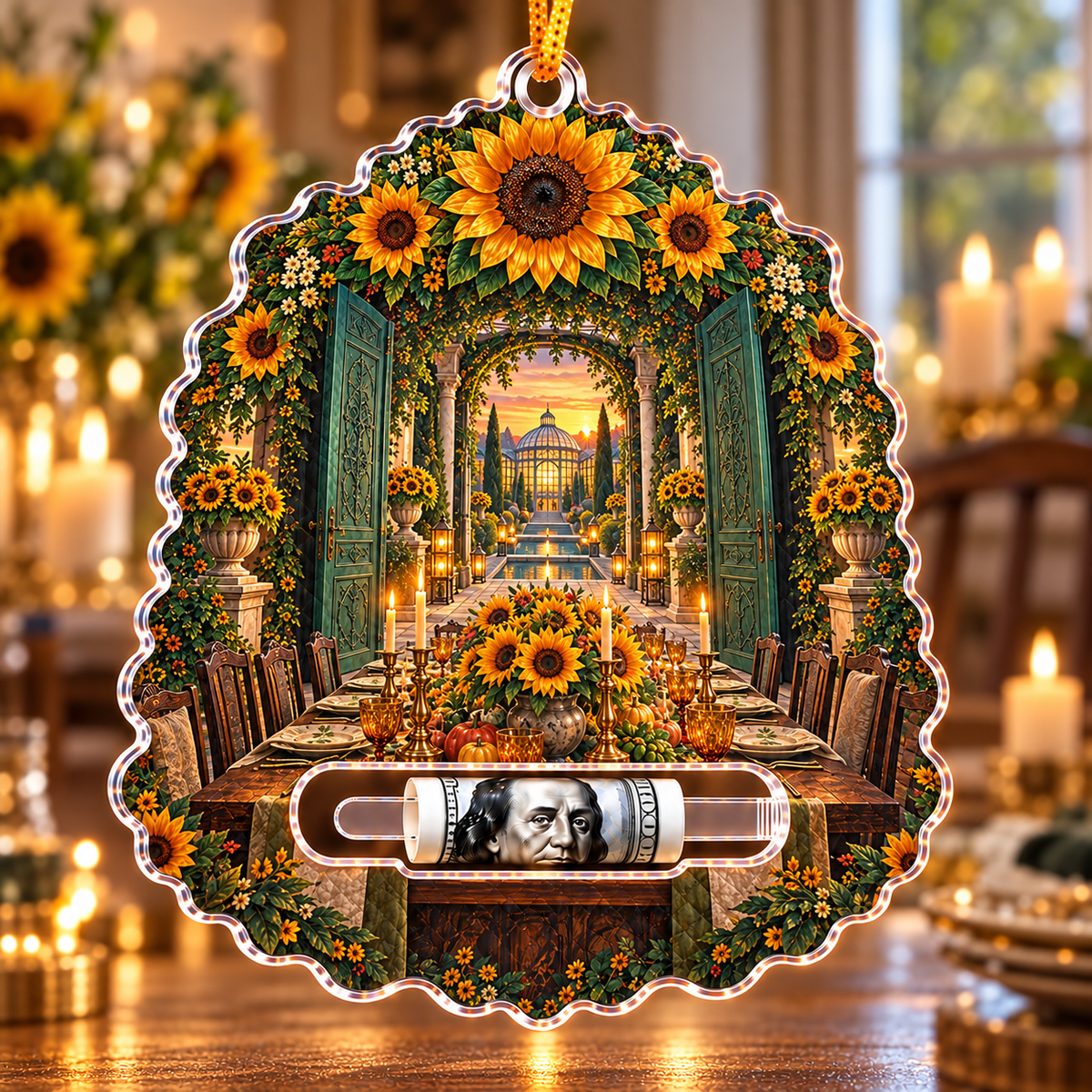 Sunflower Gratitude Feast Acrylic Cash Holder Ornament with printed optical 3D artwork in its use setting