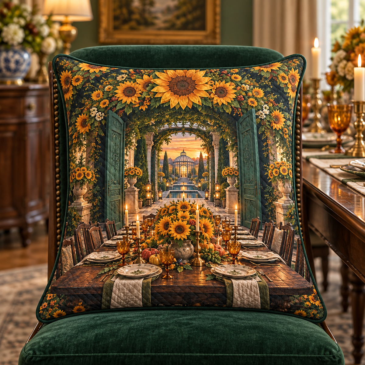 Sunflower Gratitude Feast Quilted Cushion Cover with printed optical 3D artwork in its use setting